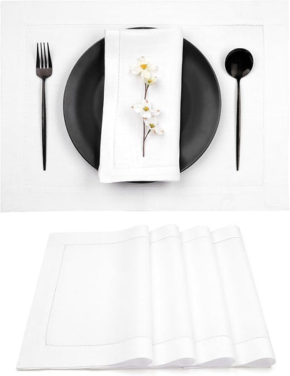 D'Moksha Homes White Linen Placemats Set of 4 - Classic Hemstitch Placemats 14 x 19 Inch - 100% Pure Linen Table Mats for Valentines, Holiday, New Year - Handcrafted and Machine Washable