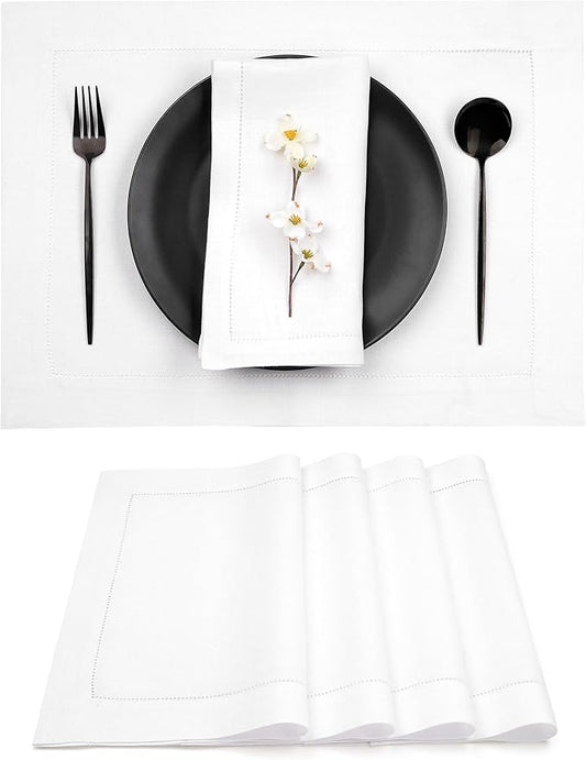 D'Moksha Homes White Linen Placemats Set of 4 - Classic Hemstitch Placemats 14 x 19 Inch - 100% Pure Linen Table Mats for Valentines, Holiday, New Year - Handcrafted and Machine Washable