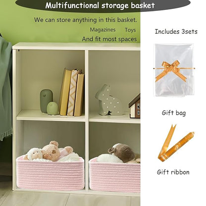 COMFY-HOMI 13" x 8.5" x 5.1"Storage Baskets for Organizing | Cotton Rope Woven Basket | Toy Storage Bin Box | Basket for Shelves, Closet Organizer Bin, Decorative Closet Shelf, 3 Pack, All pink