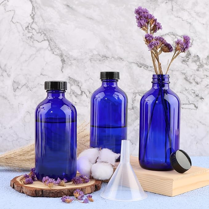 12 Pack 8 oz Cobalt Blue Glass Bottles, 240ml Boston Round Sample Bottles with Black Poly Cone Caps, Labels and Funnels