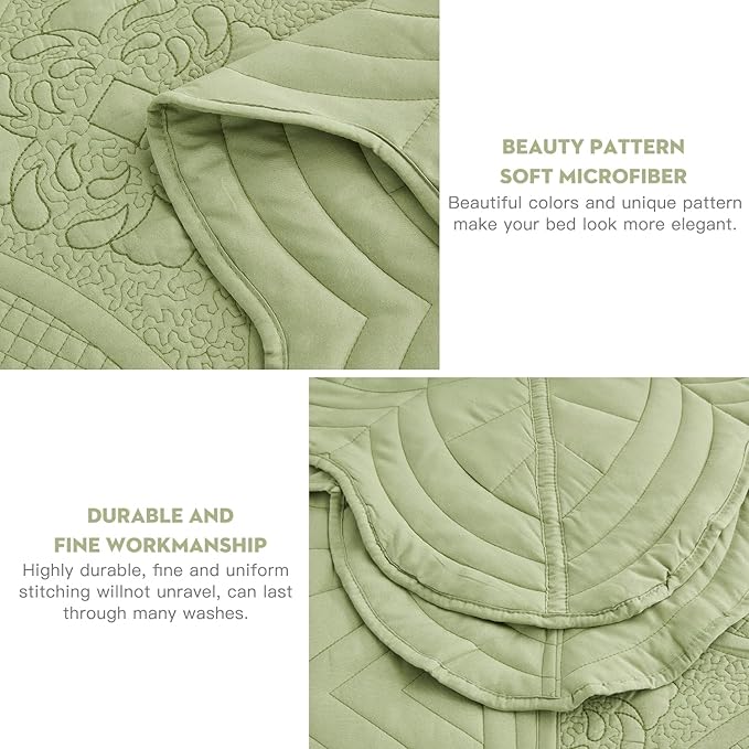 Oversized Bedspread - King Size Bedding Cover - Modern & Contemporary Coverlet Set, Real Stitching, Reversible, Lightweight, 5 Piece, Sage Green
