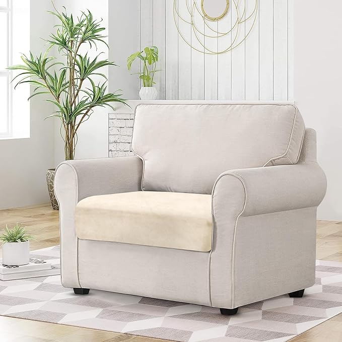 Couch Cushion Cover Velvet 1 Piece Seat Cushion Cover Stretch Armchair Cover Separate Sectional Sofa Slipcovers Furniture Protector (1-Seater or Sofa Backrest, Milk White)