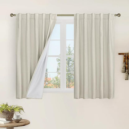 LAMIT Natural 100% Blackout Linen Curtains, 45 Inches Linen Textured Thermal Bedroom Curtains Back Tab and Rod Pocket Neutral Panels with White Liner for Farmhouse, 2 Panels, 42 x 45 Inch, Stone