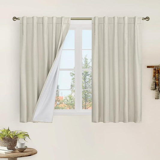 LAMIT Natural 100% Blackout Linen Curtains, 45 Inches Linen Textured Thermal Bedroom Curtains Back Tab and Rod Pocket Neutral Panels with White Liner for Farmhouse, 2 Panels, 42 x 45 Inch, Stone
