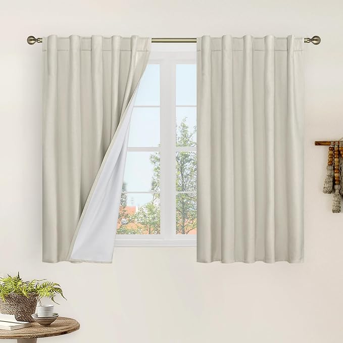 LAMIT Natural 100% Blackout Linen Curtains, 54 Inches Linen Textured Thermal Bedroom Curtains Back Tab and Rod Pocket Neutral Panels with White Liner for Farmhouse, 2 Panels, 42 x 54 Inch, Stone