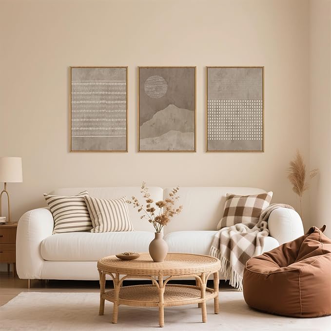 Large Mid Century Tan and Beige Framed Canvas Wall Art,Neutral Lines Dots Wall Decor,Abstract Sunset and Mountain Artwork,Boho Textured Shapes Art Print for Living Room,Bedroom,Office-24"x36"x3