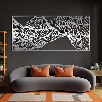 Abstract Lines Metal Wall Decor, Abstract Wavy Lines Metal Wall Art, Large Contemporary Wall Decor, Minimalist Line Wall Art, Modern Geometric Wall Sculpture for Living Room (Silver, 59"x27"/150x67cm)