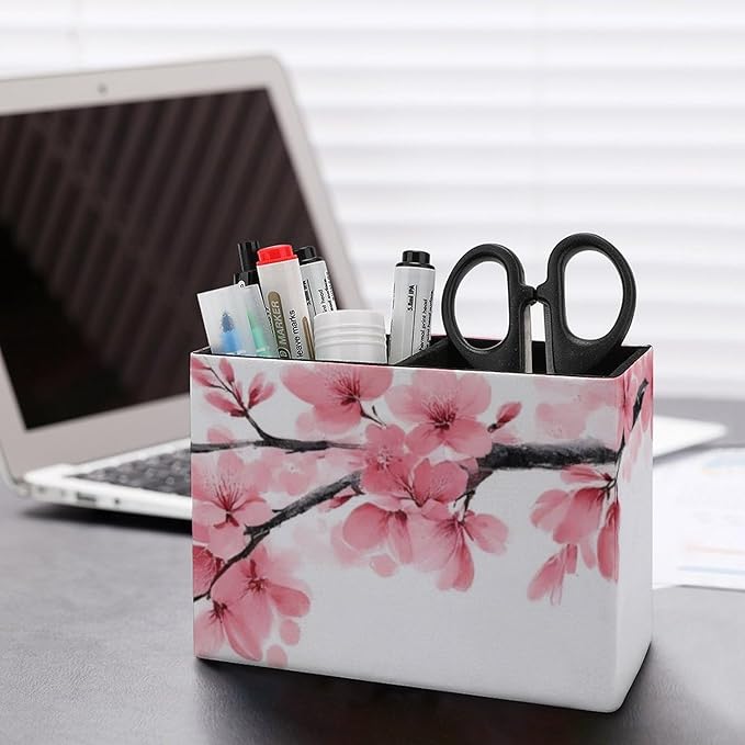 Fashion Desk Pen Holder PU Leather Desk Organize Decor, Makeup Brush Storage Branch Of A Flourishing Tree Cherry Flowers Blossoms Spring Theme Art