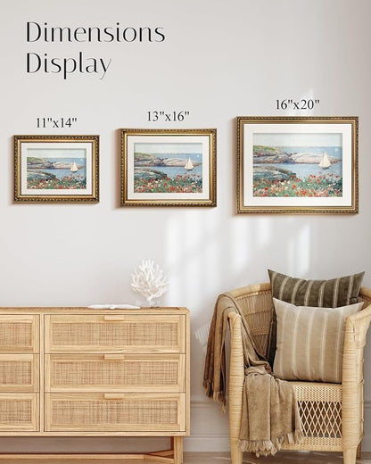 InSimSea Gold Framed Canvas Wall Art Room Decor Vintage Coastal Landscape Picture Wall Art Prints for Living Room Rustic Natural Botanical Floral Artwork Prints for Bathroom Bedroom Farmhouse 16×13in