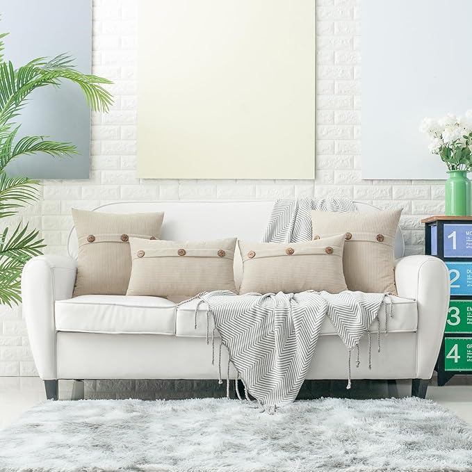 HWY 50 Cream White Chenille Throw Pillow Covers 22x22 Inch with Triple Buttons, Soft Farmhouse Accent Decorative Cushion Cases for Couch Sofa Bed Living Room Pack of 2