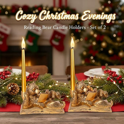 Gold Animal Candle Holders - Bear Set of 2 Vintage Rustic Pedestal Candlesticks, Easter Decorations, Centerpieces for Fireplace Mantle & Dining Table