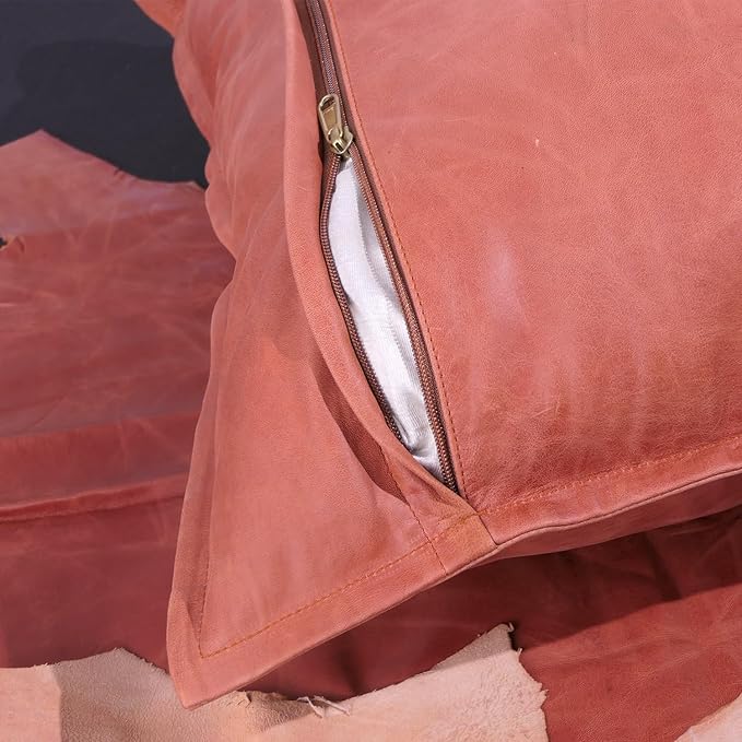 LL LEATHER LOVERS Lambskin Leather Pillow Cover - Sofa Cushion Case - Decorative Throw Covers for Living Room & Bedroom, 14x14 Inches - Tan Orange Box Pack of 2