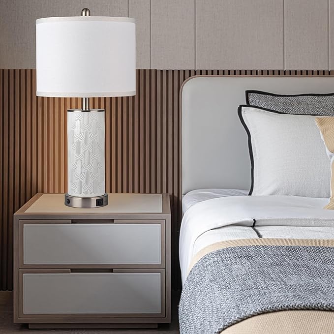 Irregular Ceramic Beautifully Engraved Decorative 25" Table Lamps Set of 2 with Nightlight,E26 Socket&Rotary Switch,USB A+C Ports,Modern Bedside Lamps for Nightstand,Bedroom(Bulbs Included)
