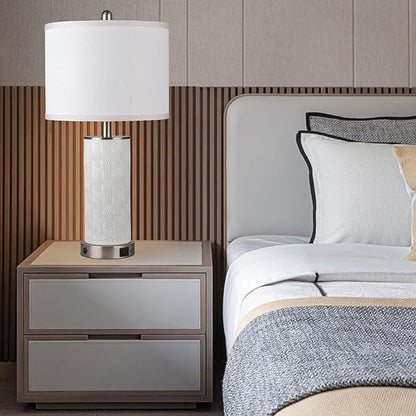 Irregular Ceramic Beautifully Engraved Decorative 25" Table Lamps Set of 2 with Nightlight,E26 Socket&Rotary Switch,USB A+C Ports,Modern Bedside Lamps for Nightstand,Bedroom(Bulbs Included)