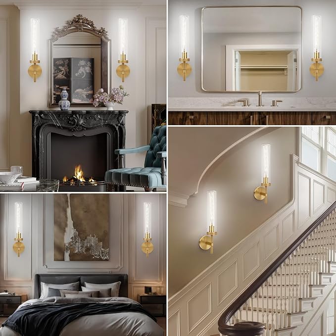 Brass Wall Sconces Set of Two with White Lights, 19.48'' Brushed Brass Knurled Bathroom Sconces Wall Lighting Vanity Light with Clear Glass for Living Room Mirror Bedroom Stairs
