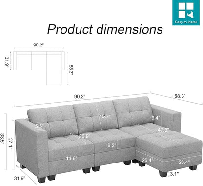 Belffin Modular Sectional Sofa L Shaped Sofa Couch with Storage Seats Convertible Sectional Couch Modular Sofa with Reversible Chaise Fabric Light Grey