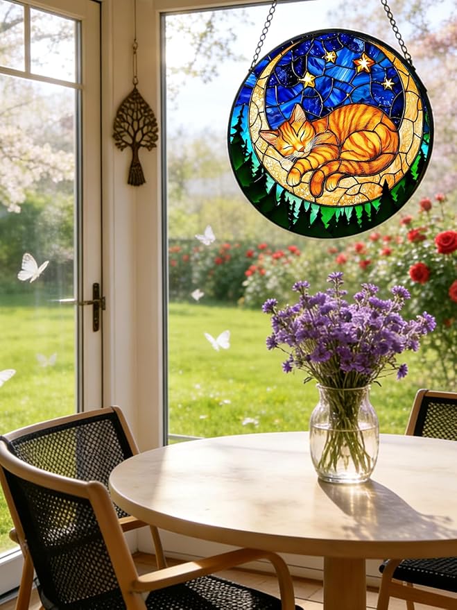 Stained Glass Window Hanging, Orange Sleeping Cat Suncatcher for Door Home Decor Moon Starry Night Sun Catcher Ornament Mother's Day Birthday Gifts for Women Men Mom 6.3 in