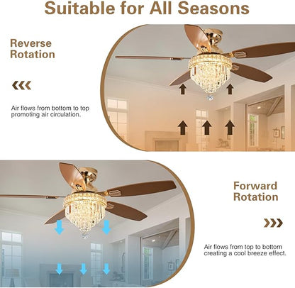 Crystal Ceiling Fan Fandelier with Lights-Ceiling Fans with Lights,50" Low Profile and Remote Control, Flush Mount, Reversible, Dimmable, Noiseless,Ceiling Fan for Bedroom（Gold）