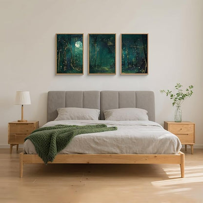Large Vintage Moon and Star Forest Framed Canvas Wall Art,Mystical Night Sky Scenery Wall Decor,Moody Tree Landscape Artwork,Magical Midnight Art Print for Living Room,Bedroom,Office- 16"x24"x3
