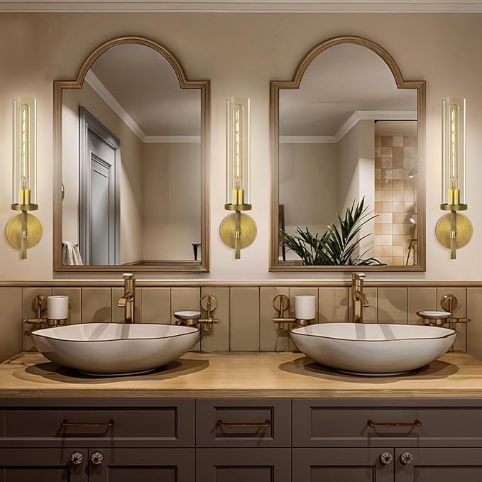 Brass Wall Sconce 19.48" Handcrafted Vintage Wall Lamp with Clear Glass Tube & Knurled Detailing, Sconce Lighting for Bedroom Bathroom Hallway Staircase Entryway, Dining Room Decor Lighting Fixture