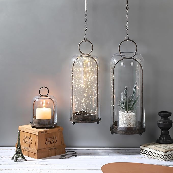 16" High Versatile Modern Metal Hurricane Lantern with Handmade Sturdy Glass Dome in Rustic Brown for Pillar Candle & Plants, Industrial, Farmhouse, Shabby Chic (Brown, 6.3:x16.5)