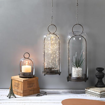 5"x7.5" Versatile Modern Metal Hurricane Lantern with Handmade Sturdy Glass Dome in Rustic Brown for 3" Pillar Candle & Plants, Industrial, Farmhouse, Shabby Chic (Brown, 5"x7.5" for 3" Pillar)