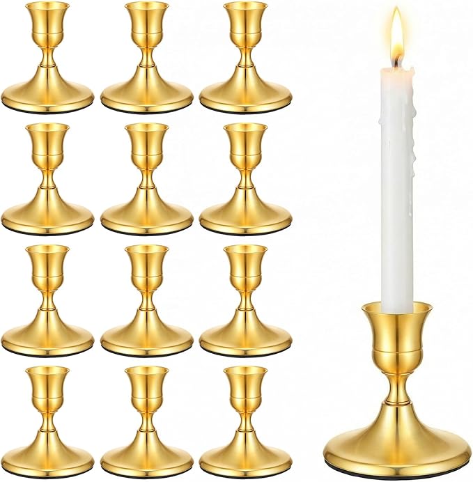 12 Pcs Gold Brass Taper Candle Holders Vintage Metal Candlestick Holders Set for Wedding Table Centerpiece, Christmas Mantel, and Home Decor