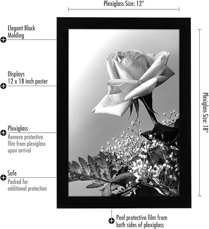 Americanflat 12x18 Poster Frame with Polished Plexiglass - Black Picture Frame - Wide Photo Frames Made of Engineered Wood for Vertical or Horizontal Wall Display - Epic Collection - Black