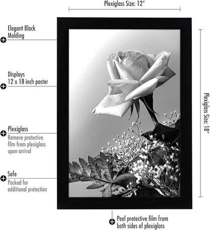 Americanflat 12x18 Poster Frame with Polished Plexiglass - Black Picture Frame - Wide Photo Frames Made of Engineered Wood for Vertical or Horizontal Wall Display - Epic Collection - Black