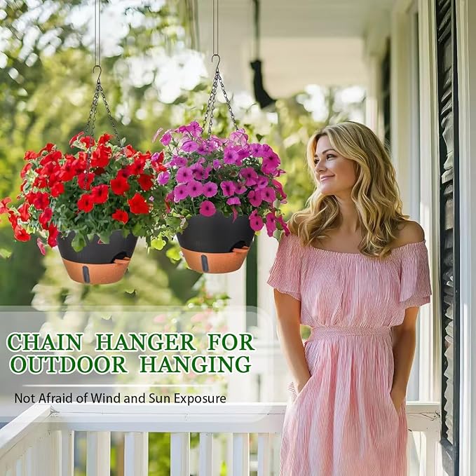 10 Inch Hanging Planters for Indoor Plants, 2 Pack Self Watering Hanging Baskets Flower Pots with Drainage Hole, Visual Reservoir & 2 Kinds of Plant Hanger for Outdoor Garden Home Decor（Black）