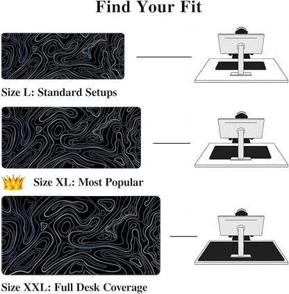 Topographic XXL Mouse Pad (47.2x23.6 Inch), Giant Gaming Desk Mat with Stitched Edges, Waterproof Non-Slip Full Desk Pad, Aesthetic Blue Line Art Decor