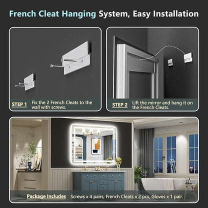 55x40 LED Bathroom Mirror with Lights, Backlit and Front Lit, Anti-Fog Lighted Vanity Mirrors for Bathroom Wall, Dimmable, 3-Color Light, Memory, Shatter-Proof, HD Tempered Glass, CRI＞90