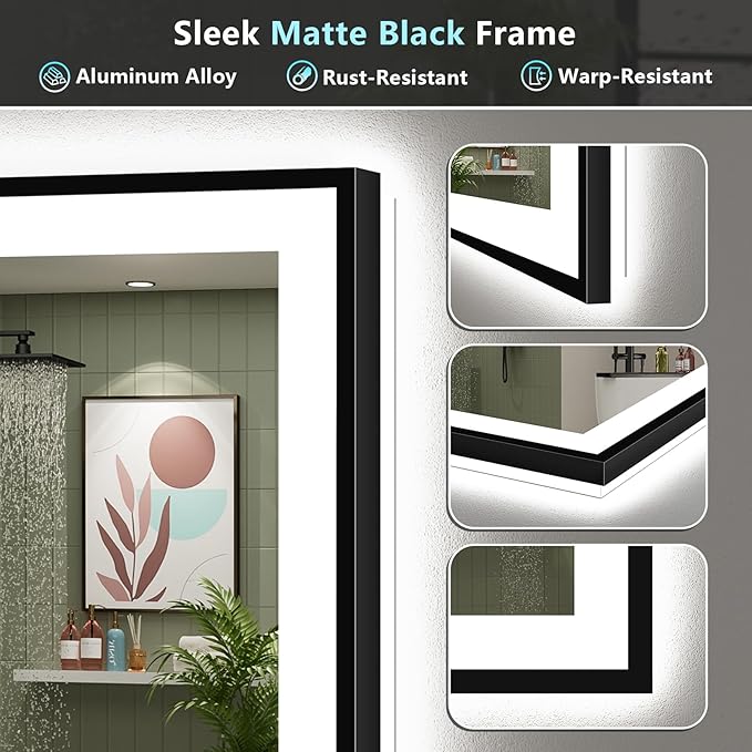 40x36 Black Framed LED Bathroom Mirror with Lights, Backlit + Front Lit, Anti-Fog Lighted Vanity Mirror for Bathroom Wall with 3 Colors, Dimmable, Memory, Tempered Glass, Horizontal/Vertical
