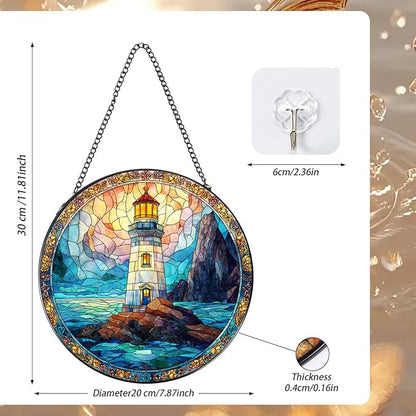 Rngmsi Stained Glass Window Hanging, 7.8″ Pauyadu Lighthouse Sun Catchers with Hook Indoor Window Decor, Decorative Suncatchers Hanging Ornaments Home Garden Art Gift for Housewarming