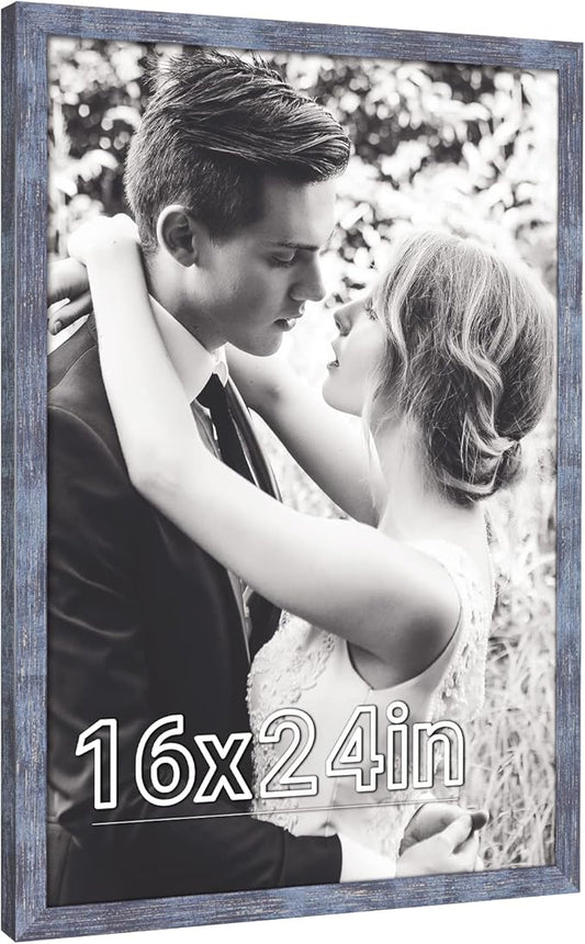 16x24 Frame Natural Blue, Rustic 24x16in Picture Frame, Distressed Navy Blue 40x60cm Photo Frame, Large 16 by 24 Canvas Painting Poster Frame, Anniversary/Birthday/Wedding/Thank you/Christmas Gift