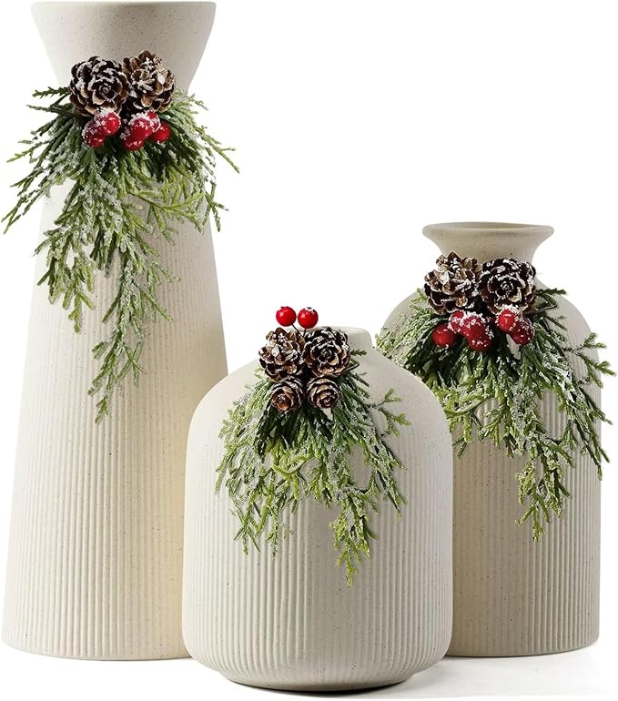 Christmas Ceramic Flower Vases Set of 3, Large Xmas Gift Vases with Vertical Stripe Texture, Modern Decorative Vases for Dried Flowers, Home Decor for Living Room Bedroom Kitchen Shelf(Beige)