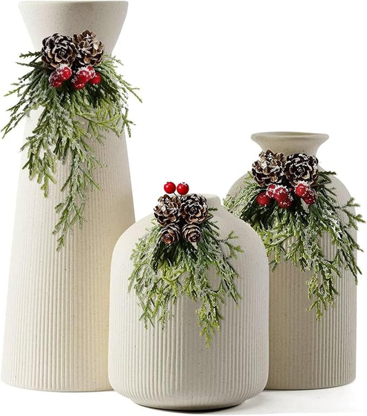 Christmas Ceramic Flower Vases Set of 3, Large Xmas Gift Vases with Vertical Stripe Texture, Modern Decorative Vases for Dried Flowers, Home Decor for Living Room Bedroom Kitchen Shelf(Beige)