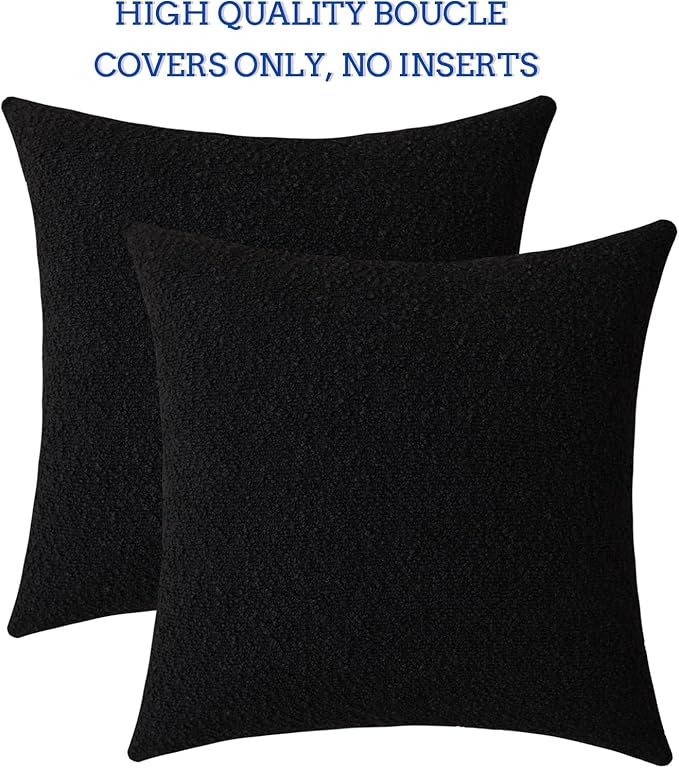 Jeneoo Black Decorative Square Thick Throw Pillow Covers Boucle Couch Cushion Cases for Livingroom Sofa Decor, Set of 2, 18 x 18 Inch