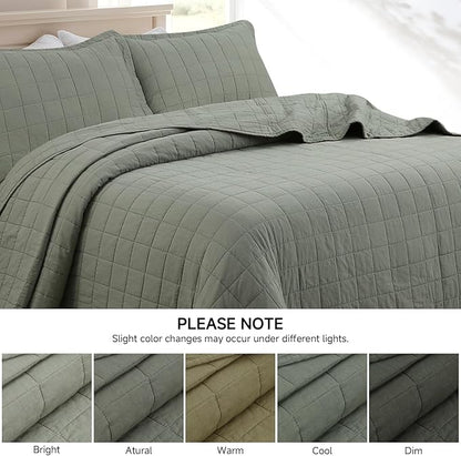 Quilt Queen Size Bedding Sets - 100% Cotton Lightweight Luxury Comforter Set, Full Size Stitching Bedspreads Coverlet with 2 Pillowcase Suit for All Season, Green