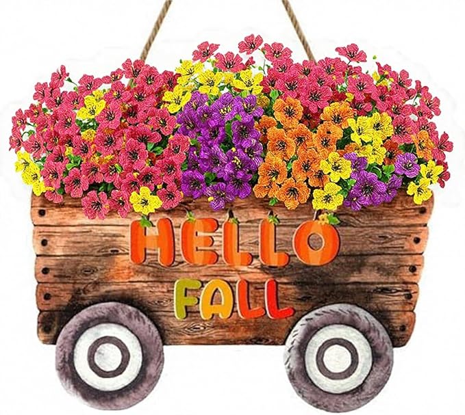 Artificial Fall Flowers for Outdoors, UV Resistant Fake Silk Flowers No Maintenance for Outside,Faux Mums Eucalyptus Plants for Porch Patio Garden Planter Box Home Autumn Outdoor Decor(10pcs)