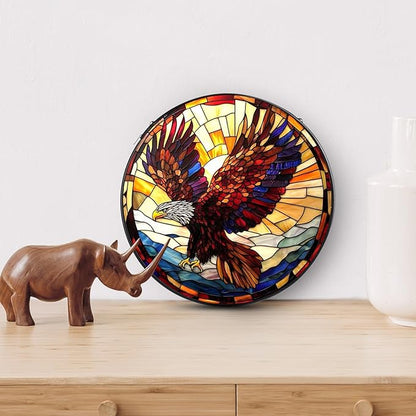 Eagle Stained Glass Window Hanging, 7.8" Round Sun Catcher Hand Painted Wall Art Decor with Chain, Unique Housewarming Gifts for Couples, Home