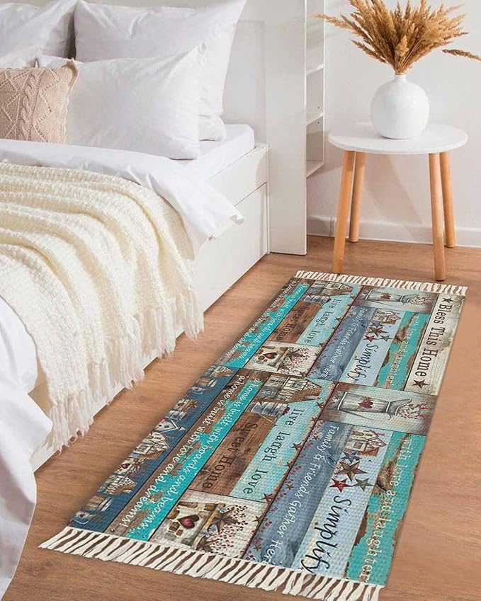Turquoise Blue Brown Hallway Runner Rug 2X6 Ft Kitchen Carpet, Washable Woven Vintage Barn Rustic Cabin Throw Carpet with Tassel, Non-Shedding Country Star Farm Wooden Plank Bedroom Laundry Rugs