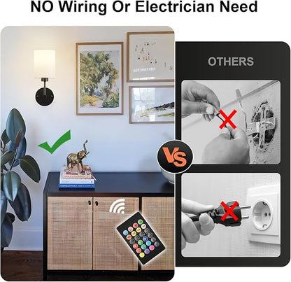 Battery Operated Wall Sconce Set of Two,Wireless Rechargeable Wall Light With Remote Control, Dimmable, 1800K/3000K/4000K/6000K/RGB, Timer, for Living Room, Bedroom, Fireplace, TV, 13.5 Inch, Black