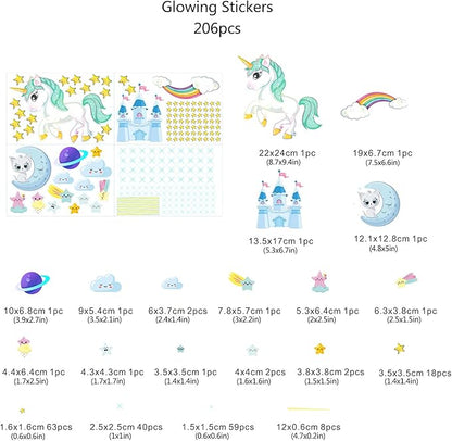 Glow in The Dark Unicorn Stickers, 206 pcs Cats and Moon Wall Decals, Glowing Castle Clouds Ceiling Decor for Kids Bedroom, Stars and Rainbow Wall Decor for Girls and Boys Gift