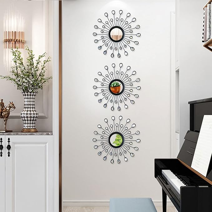 Uaussi 3 Pack Crystal Sunburst Wall Mirror Décor Rhinestone Mirrors Decorative Home Wall Art for Living Room Bedroom Entryway(Drop-Shape Black)