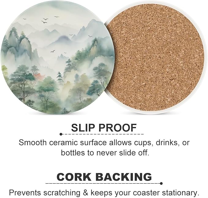 4PCS Forest Ceramic Coasters, Round Absorbent Drink Coasters,Nature Woodland Green Forest Mountain Plant Flying Birds Ceramic Table Coasters for Coffee, Beverage, Wine, Beer Coasters