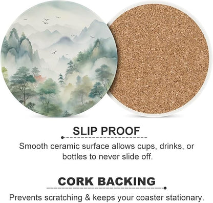 4PCS Forest Ceramic Coasters, Round Absorbent Drink Coasters,Nature Woodland Green Forest Mountain Plant Flying Birds Ceramic Table Coasters for Coffee, Beverage, Wine, Beer Coasters