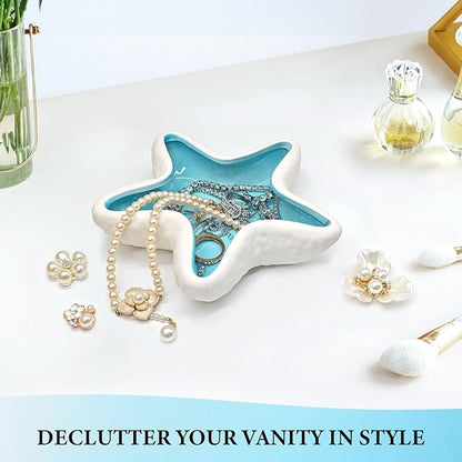 Starfish Jewelry Dish Ceramic Trinket Tray - Ocean Themed Ring Holder for Earrings, Necklaces, Beach & Bathroom Organizer with Glossy Glaze, Coastal Room Decor Gift for Women
