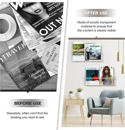 Clear Acrylic Wall Magazine Holder & Brochure Holder, Nursery Book Shelves for School Kids Room Waiting Room Living Room Office Home Display Decor (2 Pack 17 Inch)