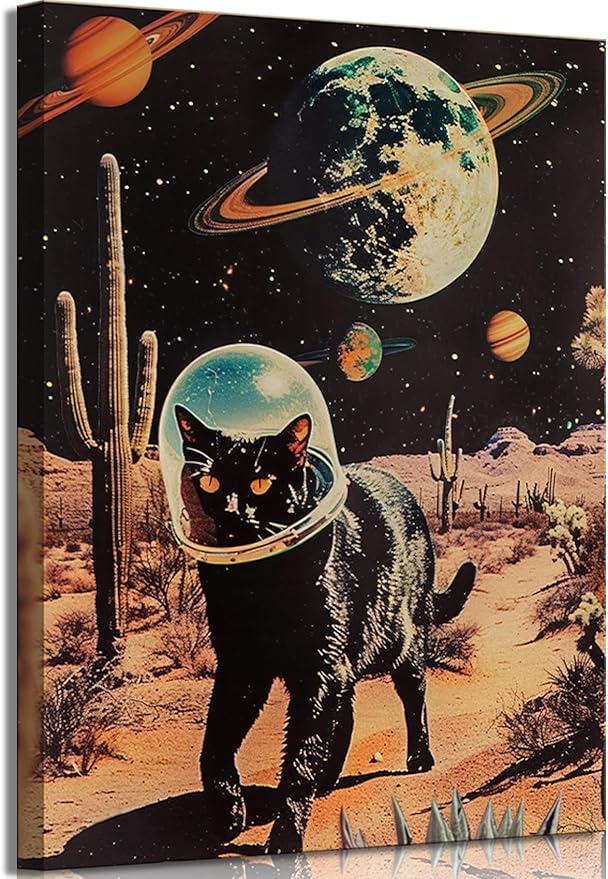 Ijeroain Black Space Cats Wall Art Funny Cat Wall Decor Pictures Cat astronaut painting artwork Cosmic planet Whimsical Print for Boys and Girls Room Bedroom home decoration 12x16in Canvas